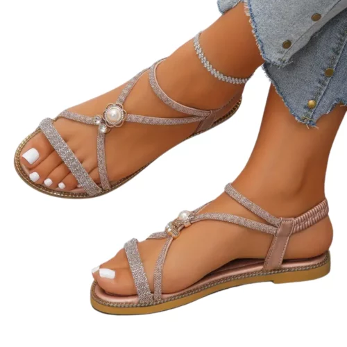 Sandales plates femme perles brillantes