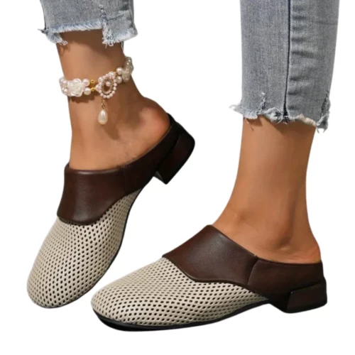 Mules ajourées bimatière talon plat
