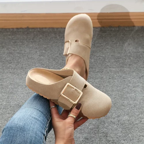 Mules suédine boucle carrée femme