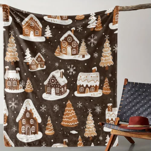 Couverture de Noël en flanelle douce – Motif maisons enneigées et sapins