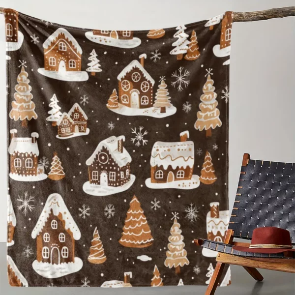 Couverture de Noël en flanelle douce – Motif maisons enneigées et sapins