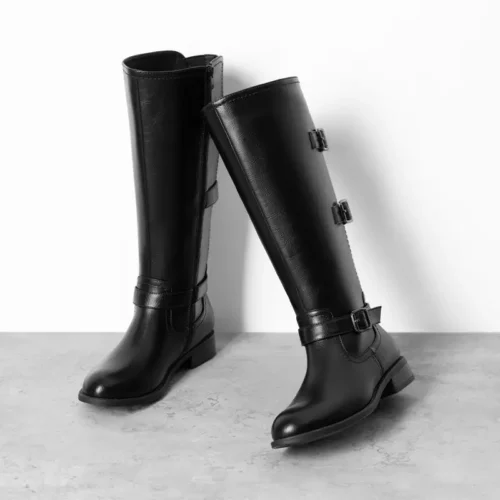 Bottes femme à talon bas avec zip latéral – style équestre rétro dépliable