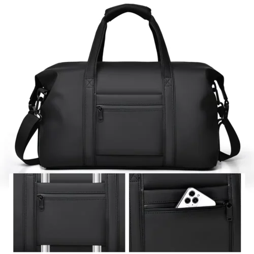 Sac week-end femme en nylon imperméable noir – bandoulière amovible renforcée