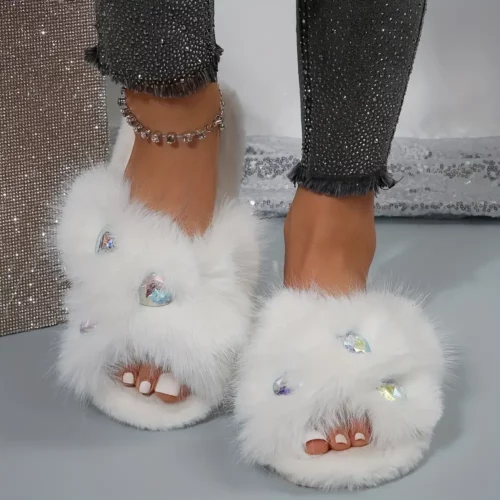 Chaussons femme en fausse fourrure douce – Pantoufles d’intérieur hivernales chaudes