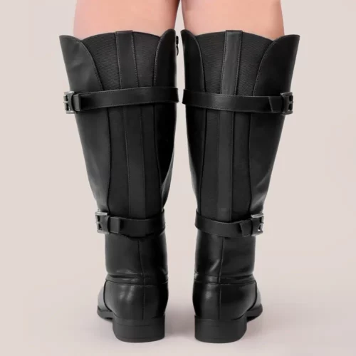 Bottes femme à tige large en simili cuir – bout rond, talon épais, style élégant