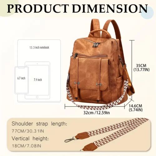 Sac à dos femme urbain léger en simili cuir marron – style élégant et anti-vol