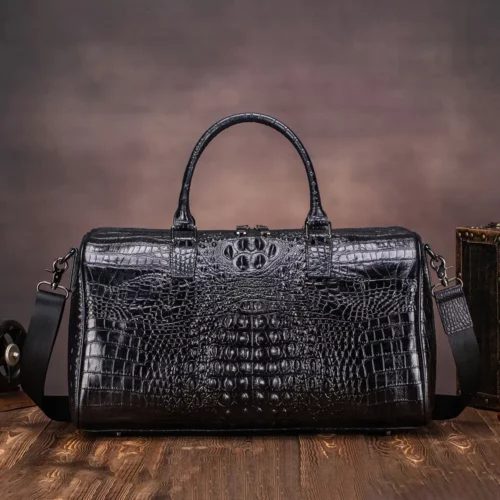 Sac week-end femme en cuir véritable motif crocodile – élégant et spacieux noir