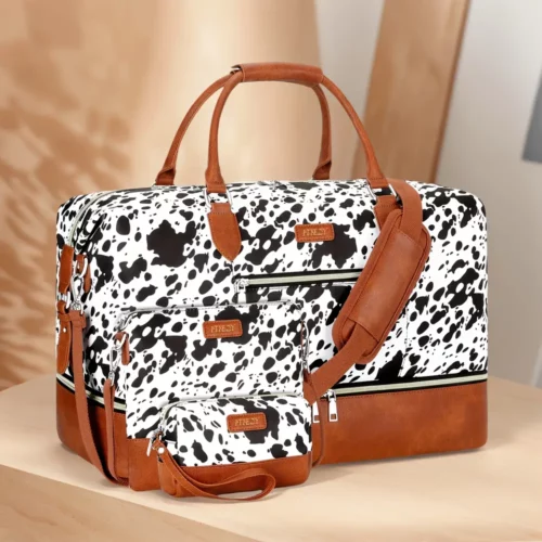 Sac week-end femme avec compartiment chaussures – motif vache – 3 pièces