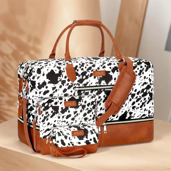 Sac week-end femme avec compartiment chaussures – motif vache – 3 pièces
