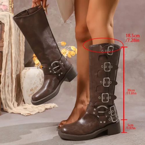 Bottes cavalières femme en cuir synthétique avec boucles – doublure confort