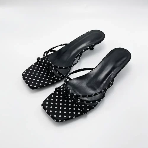 Sandales à petit talon femme – mule élégante à pois bout carré confortable