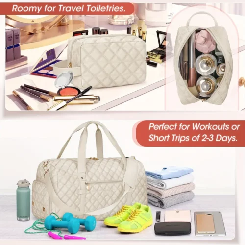 Sac de voyage femme matelassé avec compartiment chaussures et trousse assortie