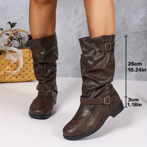 Bottes femme mi-mollet rétro à double boucle – cuir synthétique brun élégantes