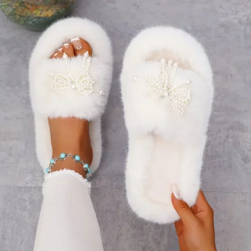 Chaussons femme en peluche douce avec semelle épaisse et nœud décoratif