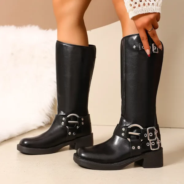 Bottes femme à talon épais – design mi-mollet avec boucles décoratives pull-on
