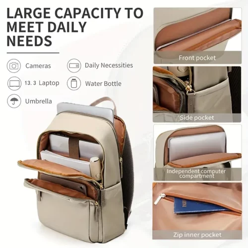Sac à dos femme élégant pour ordinateur – léger, compartiments multiples, beige