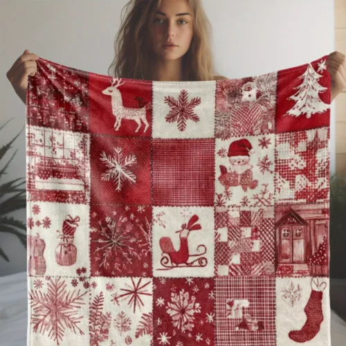 Plaid de Noël en flanelle douce – Motifs rennes et flocons – Ultra confortable