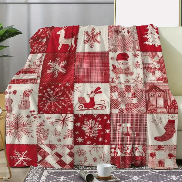 Plaid de Noël en flanelle douce – Motifs rennes et flocons chaleureux