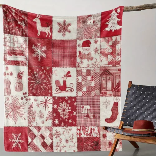 Plaid de Noël en flanelle douce – Motifs rennes et flocons – Ultra confortable