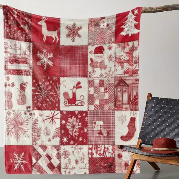 Plaid de Noël en flanelle douce – Motifs rennes et flocons – Ultra confortable