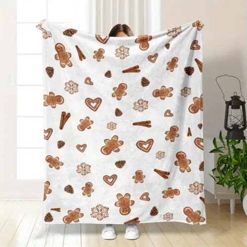 Plaid de Noël tricoté en polyester à motif pain d'épice et cannelle – 1 pièce