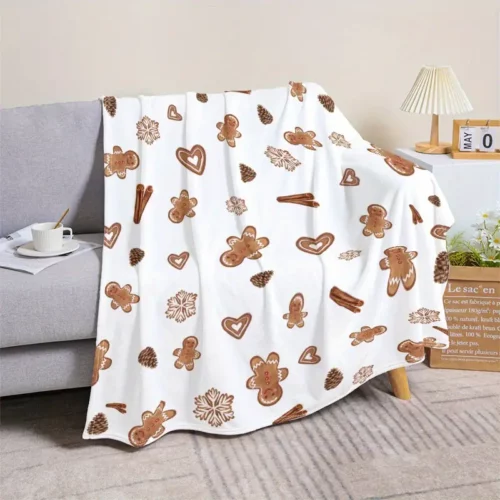 Plaid de Noël tricoté en polyester à motif pain d'épice et cannelle – 1 pièce