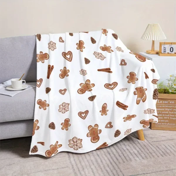Plaid de Noël tricoté en polyester à motif pain d'épice et cannelle – 1 pièce
