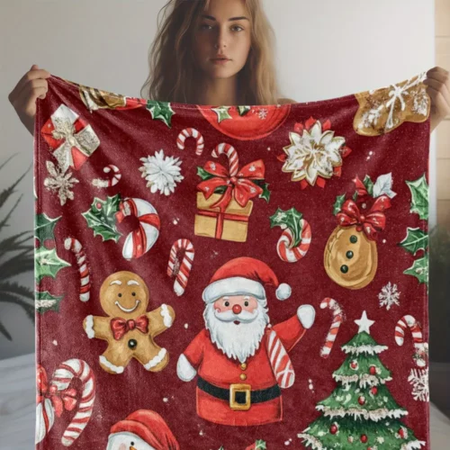Plaid de Noël en flanelle douce – motifs père Noël, sapin et pain d'épices