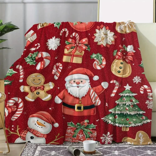 Plaid de Noël en flanelle douce – motifs père Noël, sapin et pain d'épices