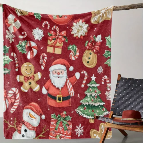 Plaid de Noël en flanelle douce – motifs père Noël, sapin et pain d'épices