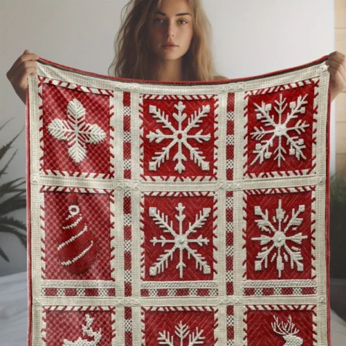 Plaid de Noël en flanelle douce – motif flocon de neige et renne rétro