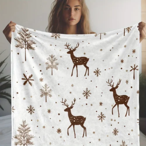 Plaid de Noël en flanelle douce avec motifs élan et flocons de neige