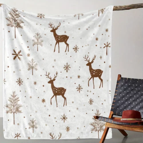 Plaid de Noël en flanelle douce avec motifs élan et flocons de neige