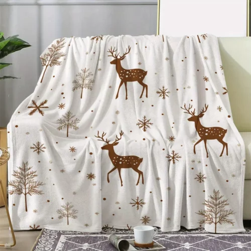 Plaid de Noël en flanelle douce avec motifs élan et flocons de neige