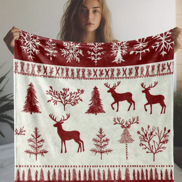 Plaid de Noël style vintage – motif cerf, flocons et sapins chaleureux