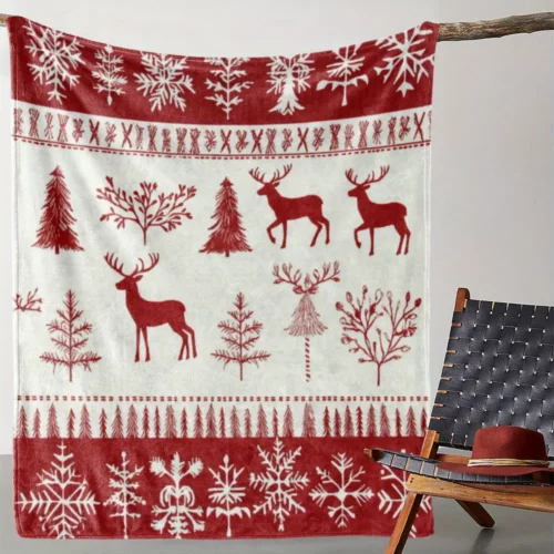 Plaid de Noël style vintage – motif cerf, flocons et sapins chaleureux