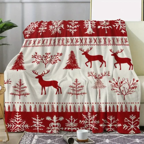 Plaid de Noël style vintage – motif cerf, flocons et sapins chaleureux