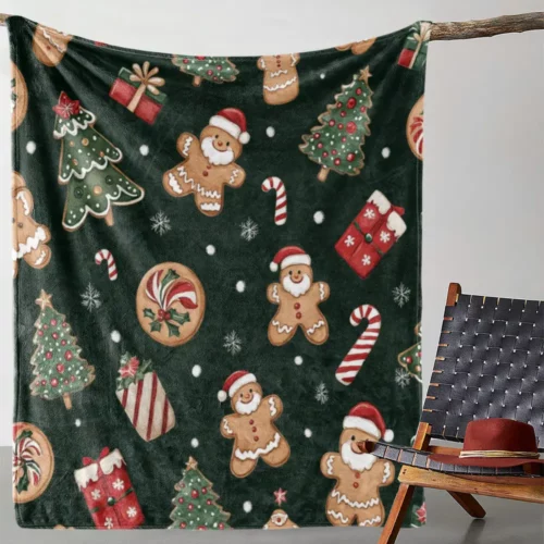 Plaid de Noël en flanelle douce – motifs pain d’épice et déco festive