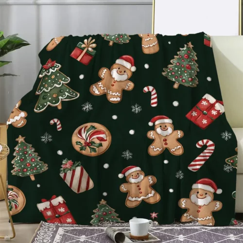 Plaid de Noël en flanelle douce – motifs pain d’épice et déco festive