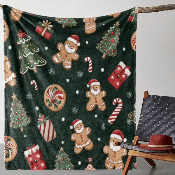 Plaid de Noël en flanelle douce – motifs pain d’épice et déco festive