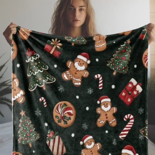 Plaid de Noël en flanelle douce – motifs pain d’épice et déco festive