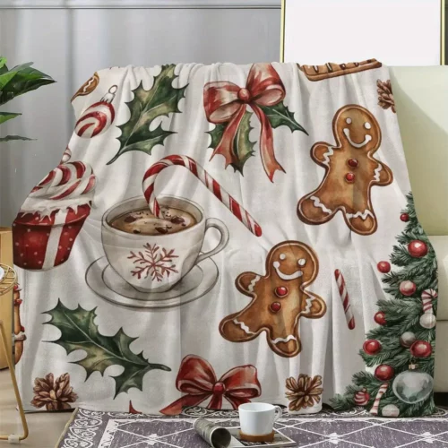 Plaid de Noël en flanelle douce – Motifs pain d’épice et sapins festifs