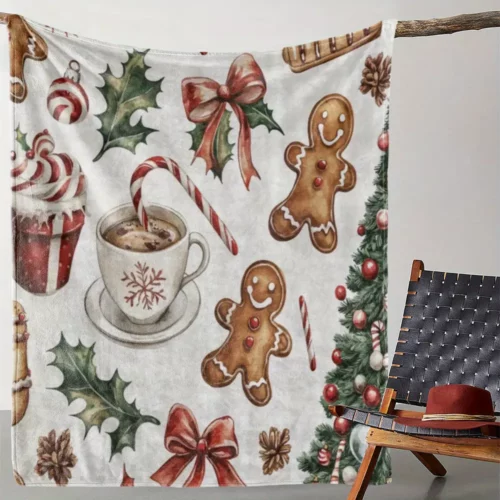 Plaid de Noël en flanelle douce – Motifs pain d’épice et sapins festifs