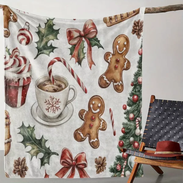 Plaid de Noël en flanelle douce – Motifs pain d’épice et sapins festifs