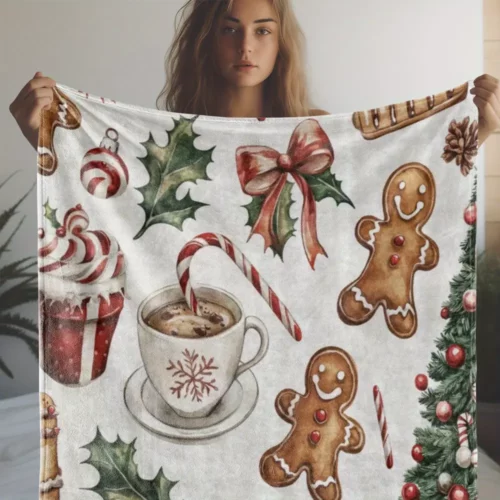 Plaid de Noël en flanelle douce – Motifs pain d’épice et sapins festifs