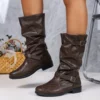 Bottes femme mi-mollet rétro à double boucle – cuir synthétique brun élégantes