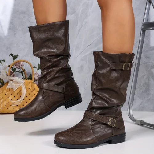 Bottes femme mi-mollet rétro à double boucle – cuir synthétique brun élégantes