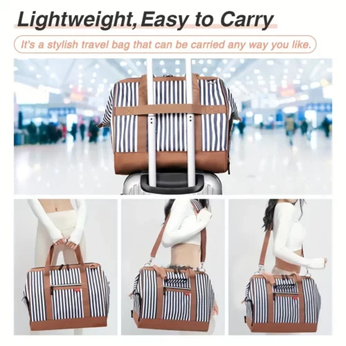 Sac week-end femme avec compartiment chaussures – ouverture large rayé bleu