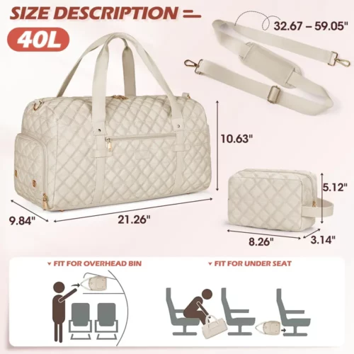 Sac de voyage femme matelassé avec compartiment chaussures et trousse assortie