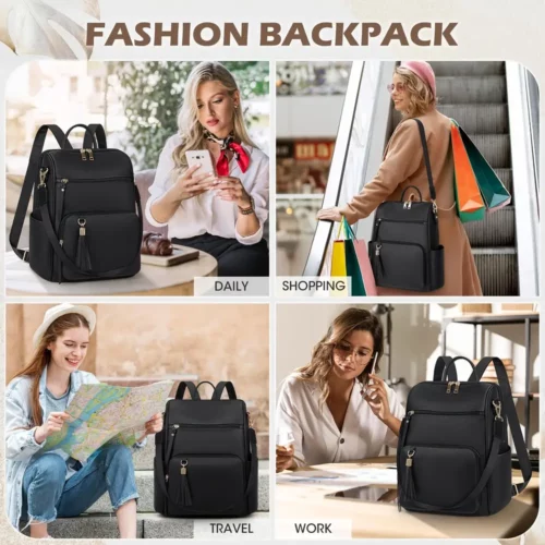 Sac à dos femme élégant en cuir synthétique avec compartiment ordinateur et pompon